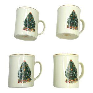 Set Of 4 Royal Gallery 6377 Christmas Tree Coffee Mugs Cups Gold Trim Vintage